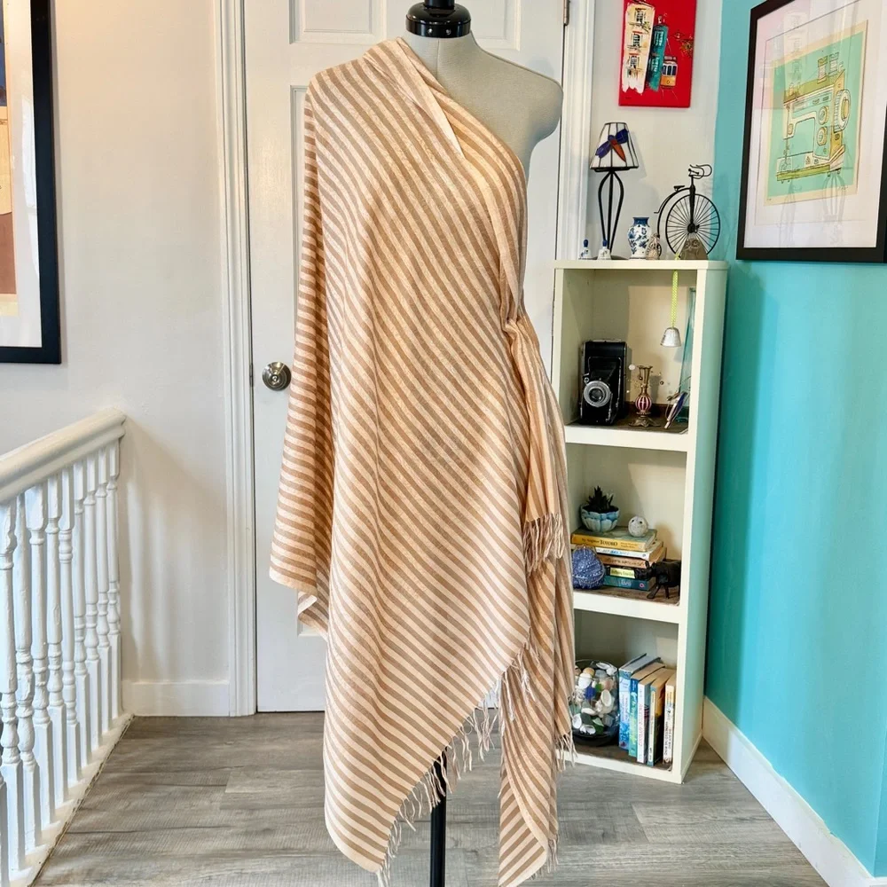 Nazakat 100% Pure Wool Beige and White Striped Shawl with Paisley Detail